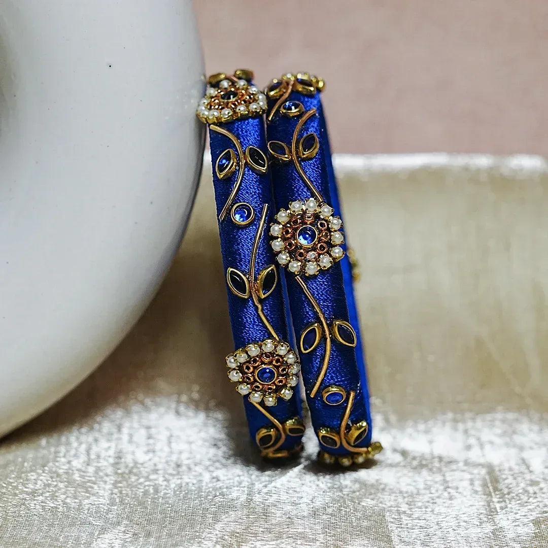 Designer Thread Work Kundan Leaf Style Kada Bangle for Women & Girls (Pack of 2) - The Golden Cascade